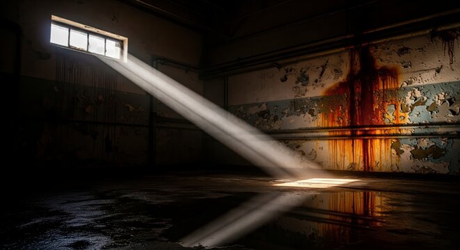 A mysterious figure in a flowing red dress dances in a beam of light inside a dark, abandoned warehouse. A cinematic concept of hope, freedom, and expression.
