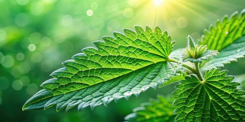 Close-up of fresh green nettle leaves with dew drops on a blurred green background
