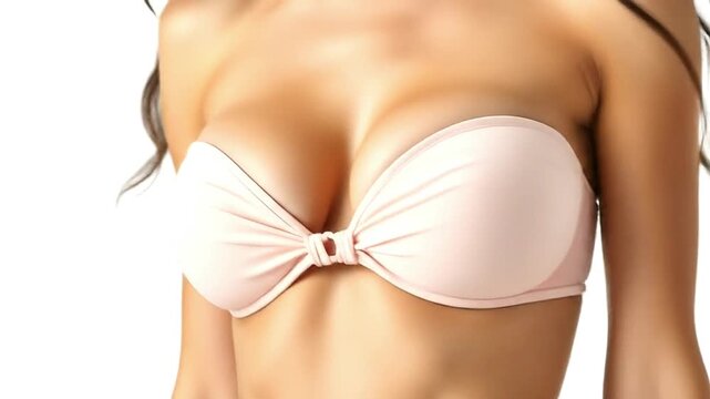 Woman in a pink strapless bikini top with a bow knot in the center