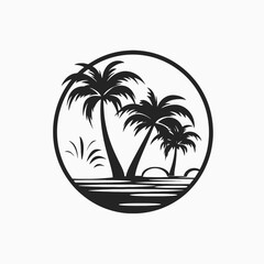 Obraz premium Tropical paradise island palms reflected with the oceanside peaceful serene vector silhouette
