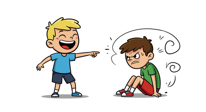 Cartoon Illustration of a Boy Laughing and Pointing at an Angry Friend
