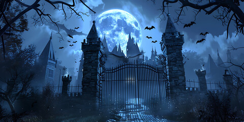 Mysterious gothic castle gate under a full moon with bats flying