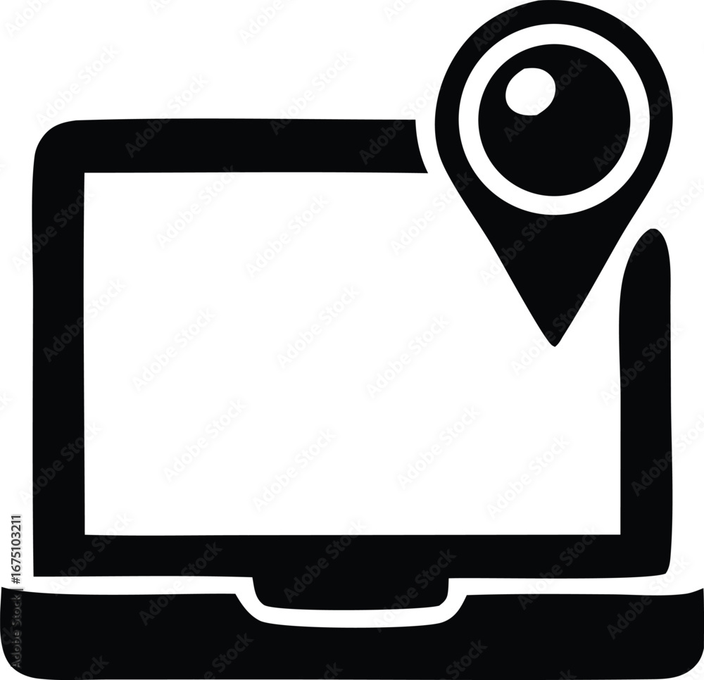 Poster laptop with location pin icon for digital mapping and geo-tagging services representing online navig
