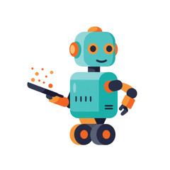 Fototapeta premium A friendly smiling teal and orange robot on wheels holding a device emitting signals.