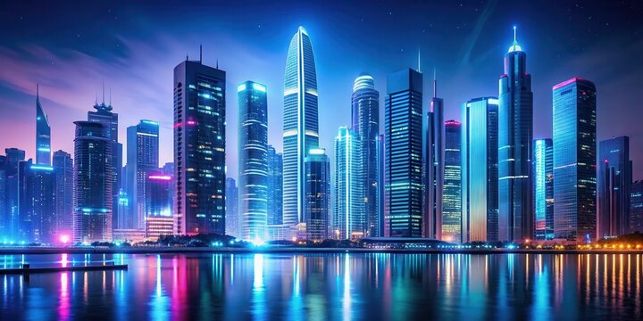 Sleek modern cityscape at night with futuristic skyscrapers and neon lights - Powered by Adobe