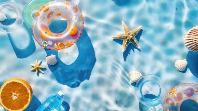 Bright aerial view of pool, seashells, floaties, starfish, orange and water bottle