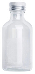 Clear glass bottle with silver cap, isolated on transparent background