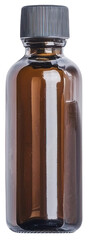 Amber glass bottle with black ribbed cap, isolated on transparent background