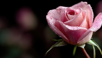Close-up of a single, pink rose, covered in dew drops, against a dark background