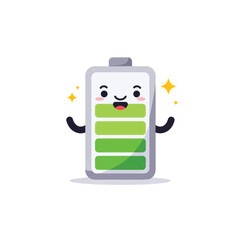 A cheerful cartoon battery character with a happy kawaii face rosy cheeks and a green charge level indicator sparkling with energy.