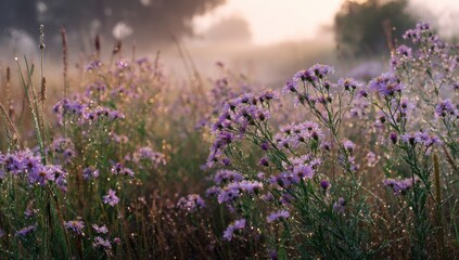 Obraz premium Misty meadow with purple wildflowers