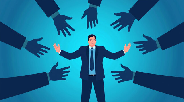 Image of a Businessman Surrounded by Pointing Fingers, a Powerful Representation of Blame, Scapegoating, and Accountability in the Workplace