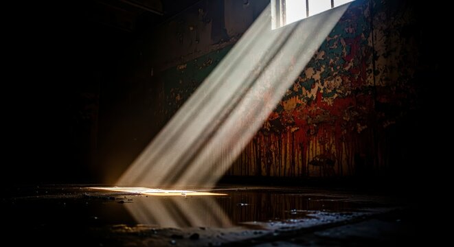 A mysterious figure in a flowing red dress dances in a beam of light inside a dark, abandoned warehouse. A cinematic concept of hope, freedom, and expression.