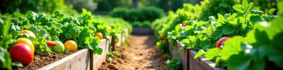 Lush raised garden beds overflow with colorful vegetables , rosemary, basil, sustainable