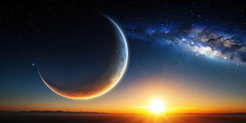 Darkening lunar sky with crescent moon and sun at horizon