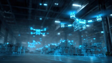 Futuristic drones in a warehouse