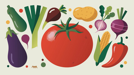 A colorful assortment of fresh vegetables including tomatoes, corn, potatoes, and more, arranged in a visually appealing composition