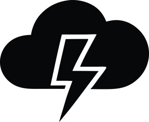Black cloud with white lightning bolt symbol representing weather danger and electrical storm power for alerts and warnings