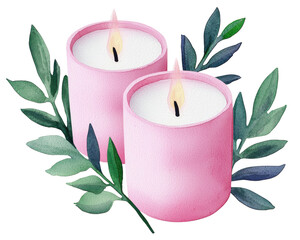 Pink candles with soft flames surrounded by green leaves, creating serene ambiance