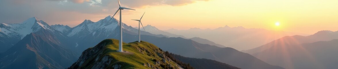 Majestic wind turbines on a sun-drenched mountain peak , rotor, nature, light