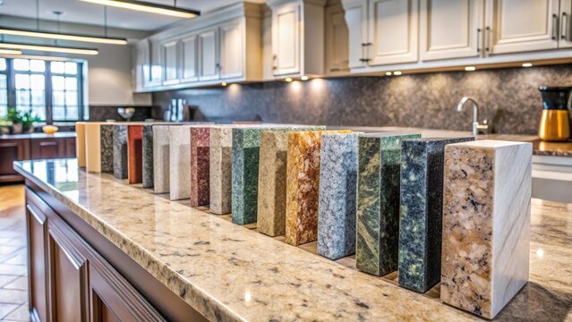 Colorful granite countertops samples displayed in a row on a kitchen island