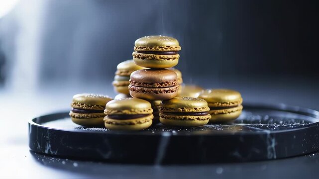 Gold-colored macarons stacked on a dark marble plate