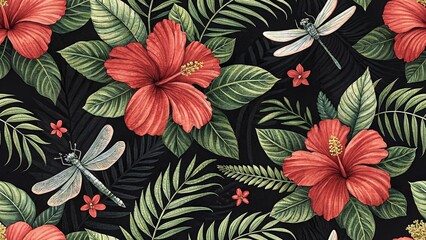 seamless pattern inspired by exotic bright red hibiscus flowers and delicate dragonflies
