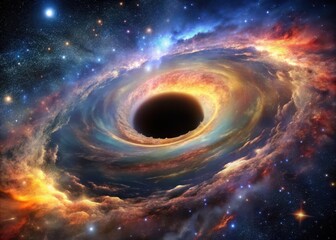 A black hole is surrounded by a swirling cloud of gas and dust from a nebula against the backdrop of stars in the cosmic background