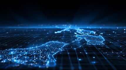 Futuristic Glowing Digital Map of Thailand with Neon Blue Grid and Data Nodes Representing Connectivity and Technological Innovation