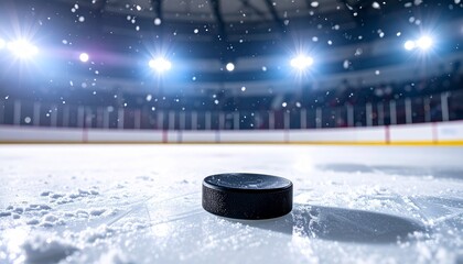Ice hockey puck resting on the cold ice rink in a stadium, illuminated by bright stadium lights during a game