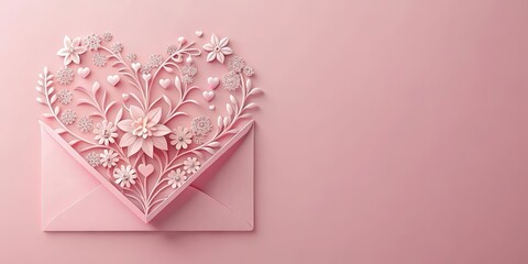 Delicate paper craft Valentine's day envelope with intricate floral patterns and heart designs on a soft pink pastel background