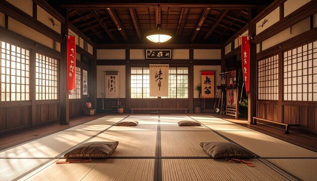 Authentic Japanese dojo interior bathed in soft light, a peaceful space for martial arts practice and meditation
