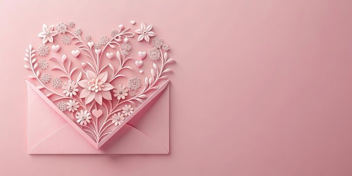 Delicate paper craft Valentine's day envelope with intricate floral patterns and heart designs on a soft pink pastel background