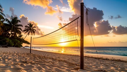 Silhouette of a beach volleyball net against a stunning and colorful tropical sunset over the ocean