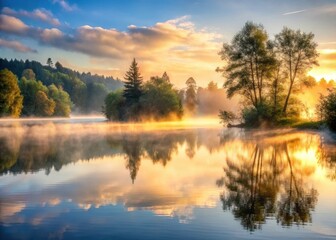 Obraz premium Silvery mist ascends over tranquil lake waters at dawn