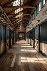 Modern and tidy horse stable designed for stallions with natural light and wooden features