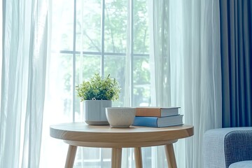 Fototapeta premium Cozy Living Room with Table, Books, Bowl, and Indoor Plant Near Bright Window