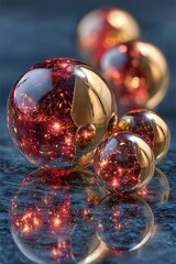 Stunning red and gold glass spheres reflecting beautifully on a smooth surface.