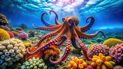 Ingelijste posters Ziekenhuis Colorful octopus surrounded by vibrant coral reefs on a soothing blue ocean backdrop  © TH