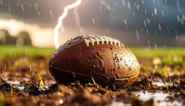 Dramatic sports scene of a wet and muddy American football on a playing field during a powerful thunderstorm with lightning