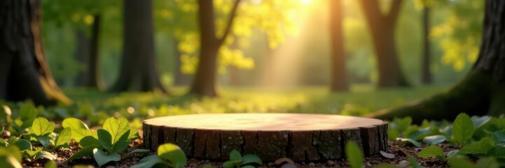 Fototapeta premium Polished wood podium on tree trunk, sunbeams in forest setting , wood, shine