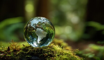 Glass globe Earth on mossy ground