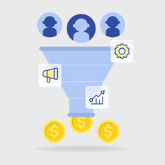 Flat illustration of a sales funnel turning customer profiles into coins, with gear, megaphone, and graph icons. Suitable for sales and CRM projects.