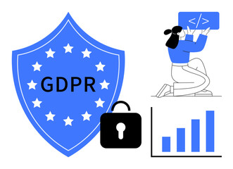 Shield labeled GDPR, padlock representing data security, person with coding panel, bar chart for analytics. Ideal for privacy policies, cyber security, data protection, analytics, coding tech