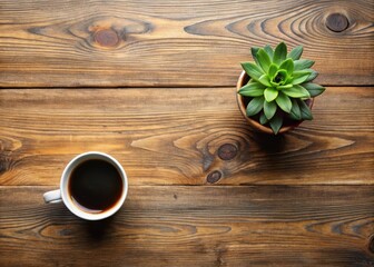 Fototapeta premium Rustic wooden doc with succulent and coffee