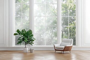 Fototapeta premium Modern living room with large windows, green plant, and stylish chair in bright space