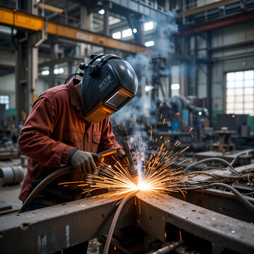 Welder use carbon air arc gouging for hot work cutting or gouging heavy metal steel structure in the fabrication factory.