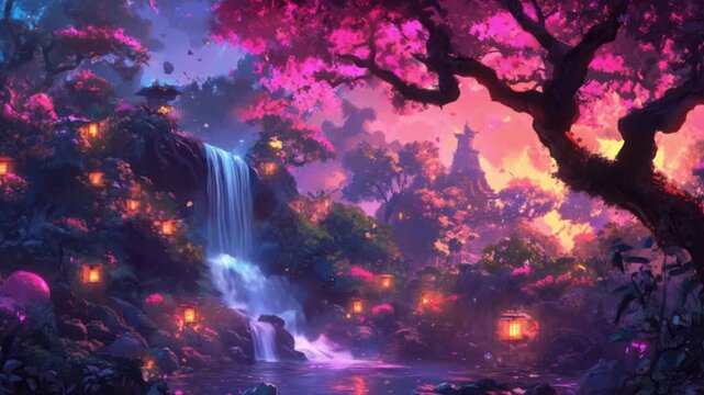 Dreamy waterfall scene with pink blossoms, lanterns and distant tower at dusk