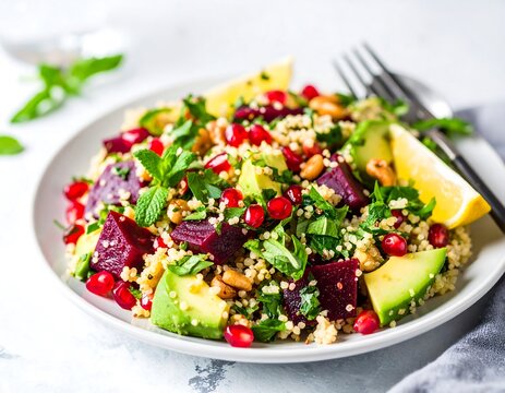 Colorful quinoa salad with avocado, beets, and pomegranate