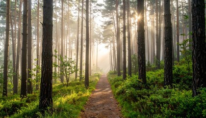 Obraz premium A tranquil dirt path winding through a misty pine forest with golden sunlight streaming through the trees at dawn